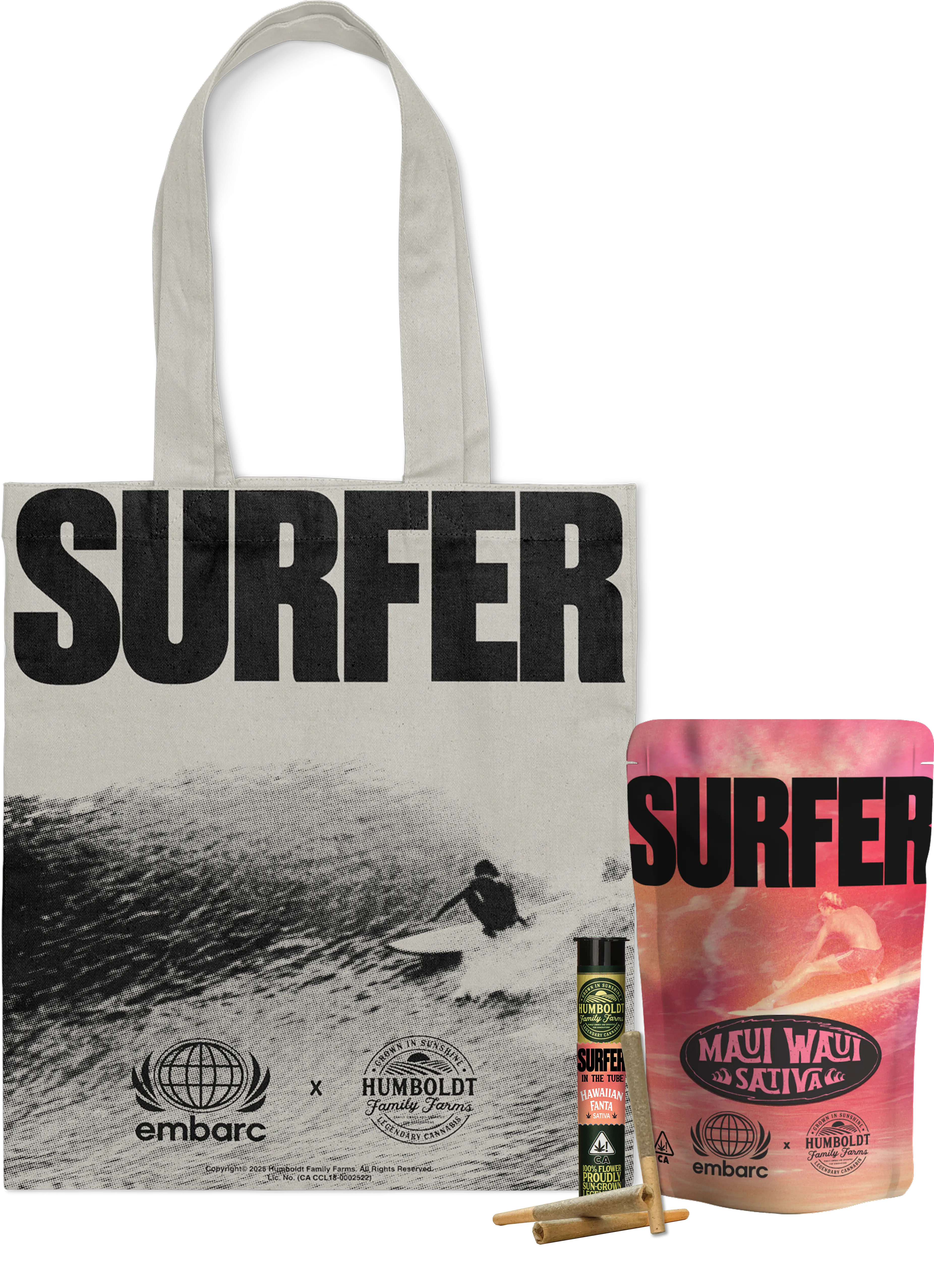Surfer x Humboldt Family Farms collaboration products featuring Maui Waui cannabis flower